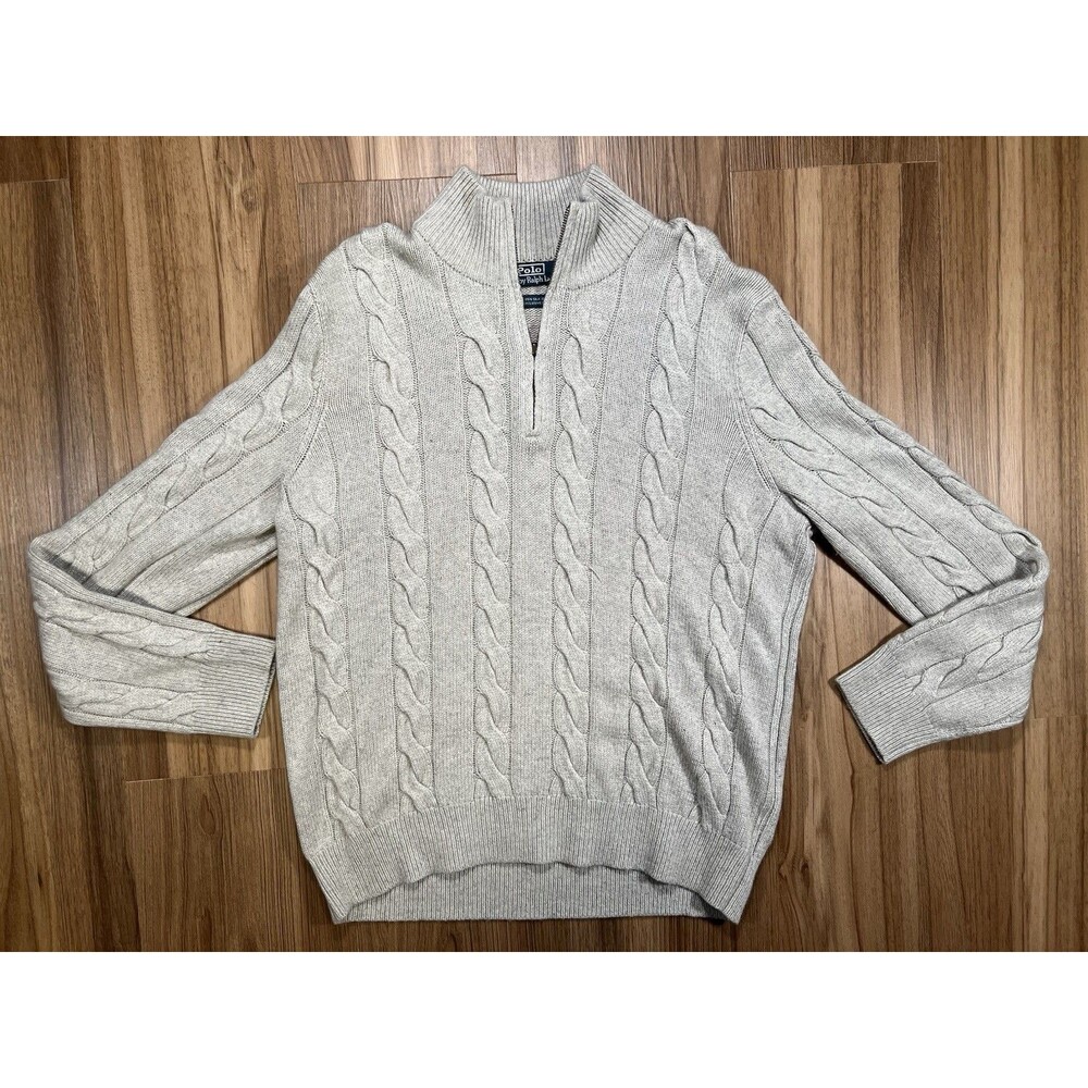 Polo Ralph Lauren Silk Cashmere Cable Knit Gray Quarter Zip Sweater Men Large